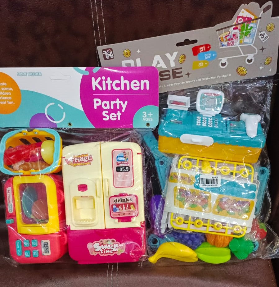 Mini Supermarket & Kitchen Playset Bundle – Fridge, Oven, Shopping Cart & Cash Register