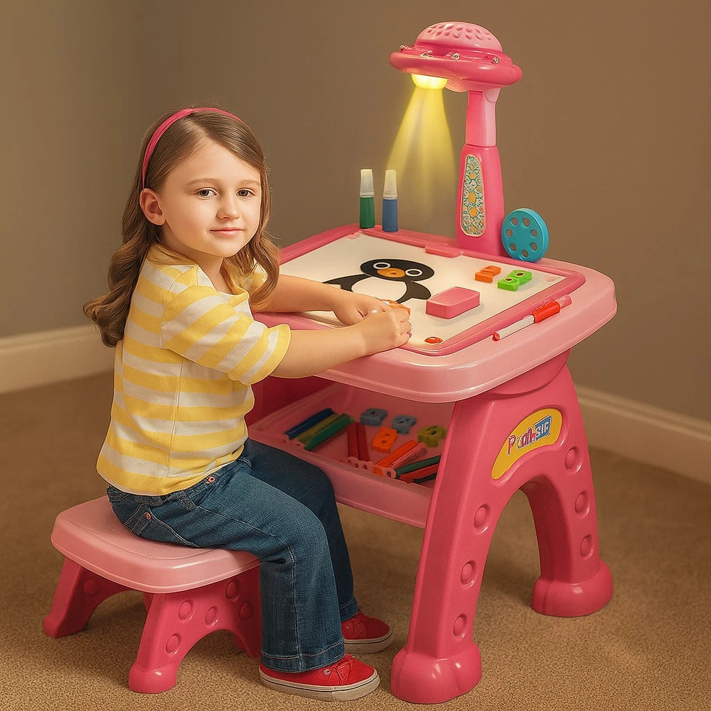 Kids Drawing Projector Desk – Light-Up Art Station with Stool