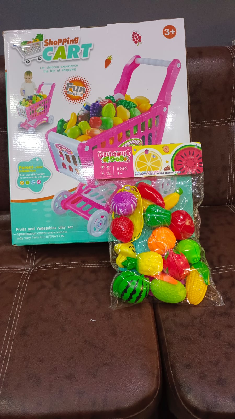 Kids Shopping Cart Playset + Fruit & Veggies Cutting Pack (Bundle)
