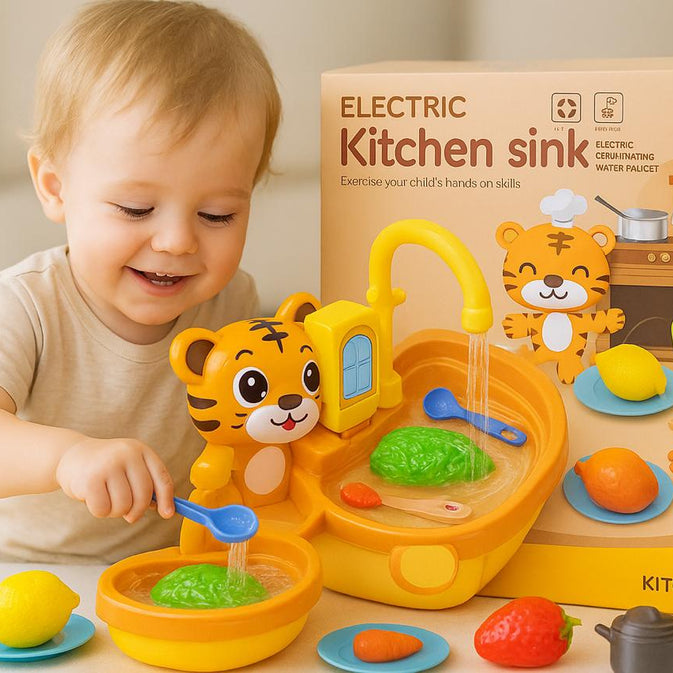 Electric Kitchen Sink Toy – 14-Piece  Playset with Water Circulation for Kids Tiger Design