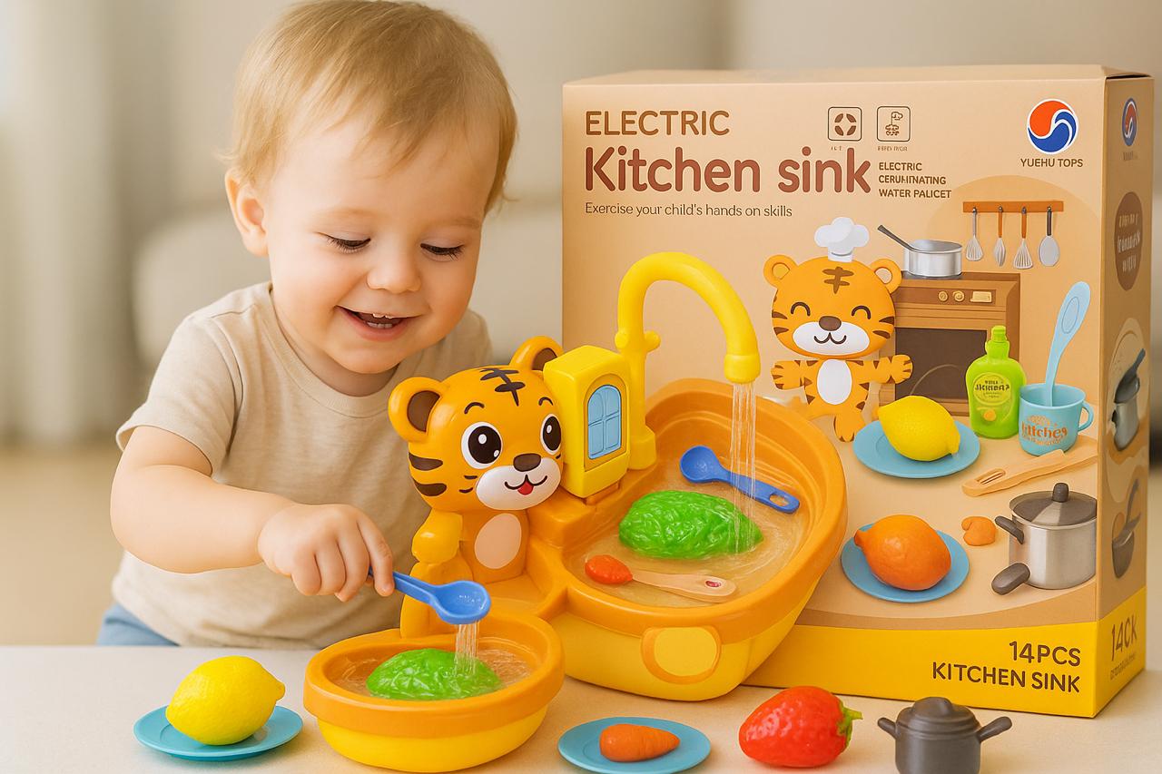 Electric Kitchen Sink Toy – 14-Piece  Playset with Water Circulation for Kids Tiger Design