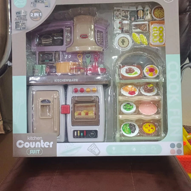 Kids Play Kitchen Set with Oven, Fridge, Dessert Trolley & Accessories