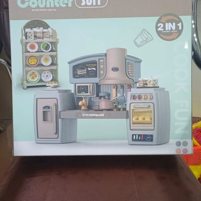 Kids Play Kitchen Set with Oven, Fridge, Dessert Trolley & Accessories