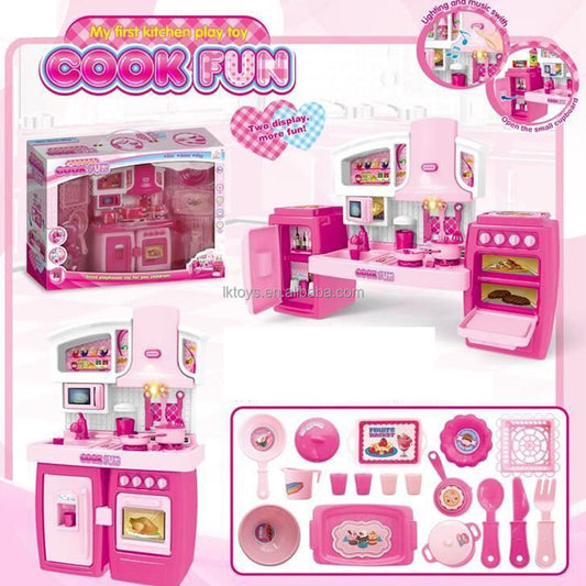 Pink Kids Toy Kitchen Playset with Lights, Sounds, Fridge & Oven – Pretend Cooking Set for Girls