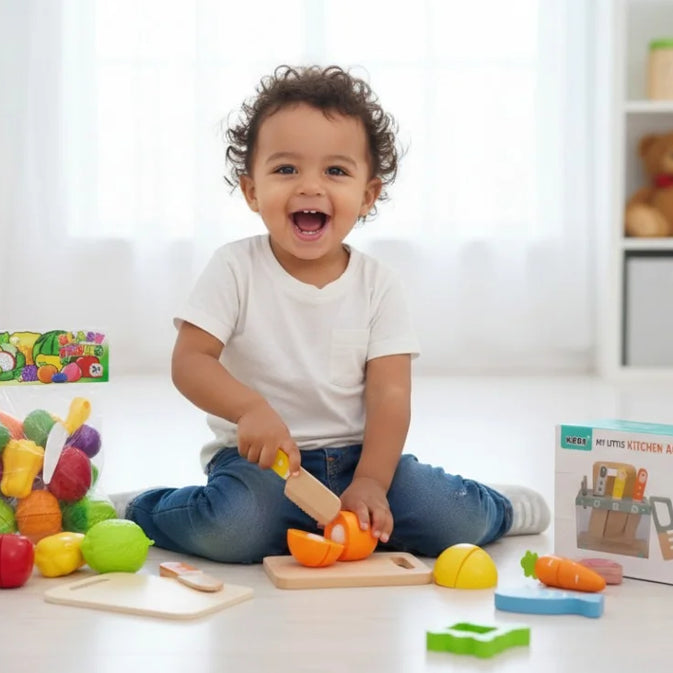 Little Kitchen Accessories + Colorful Fruit & Vegetable Cutting Toy (Pack 2)