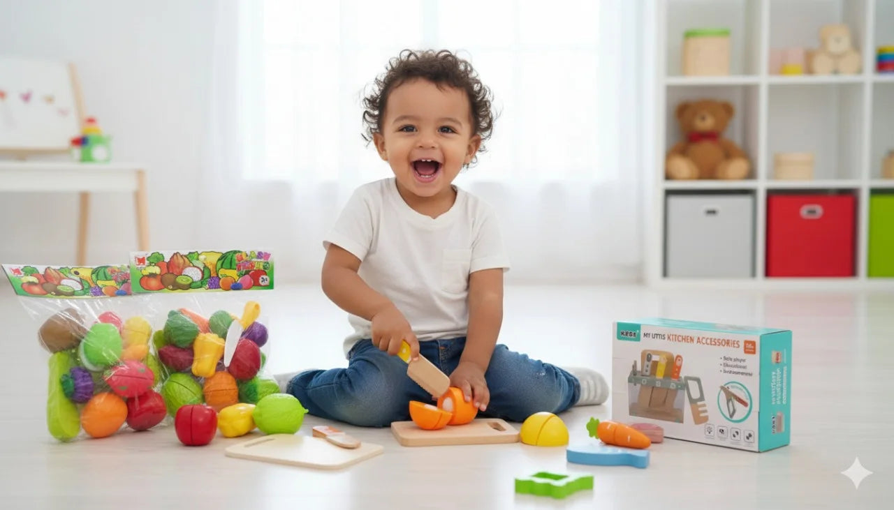 Little Kitchen Accessories + Colorful Fruit & Vegetable Cutting Toy (Pack 2)