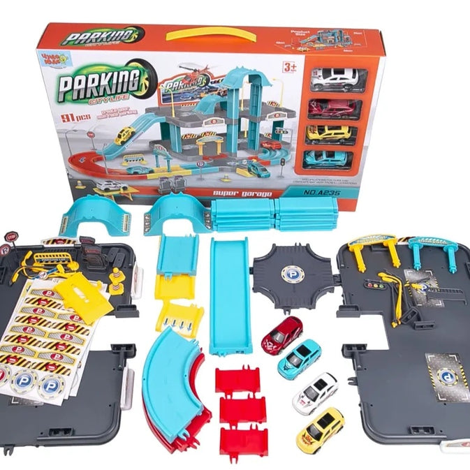 Parking City Life Super Garage Playset – 91 PCS with 4 Die-Cast Cars