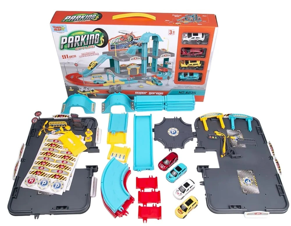 Parking City Life Super Garage Playset – 91 PCS with 4 Die-Cast Cars