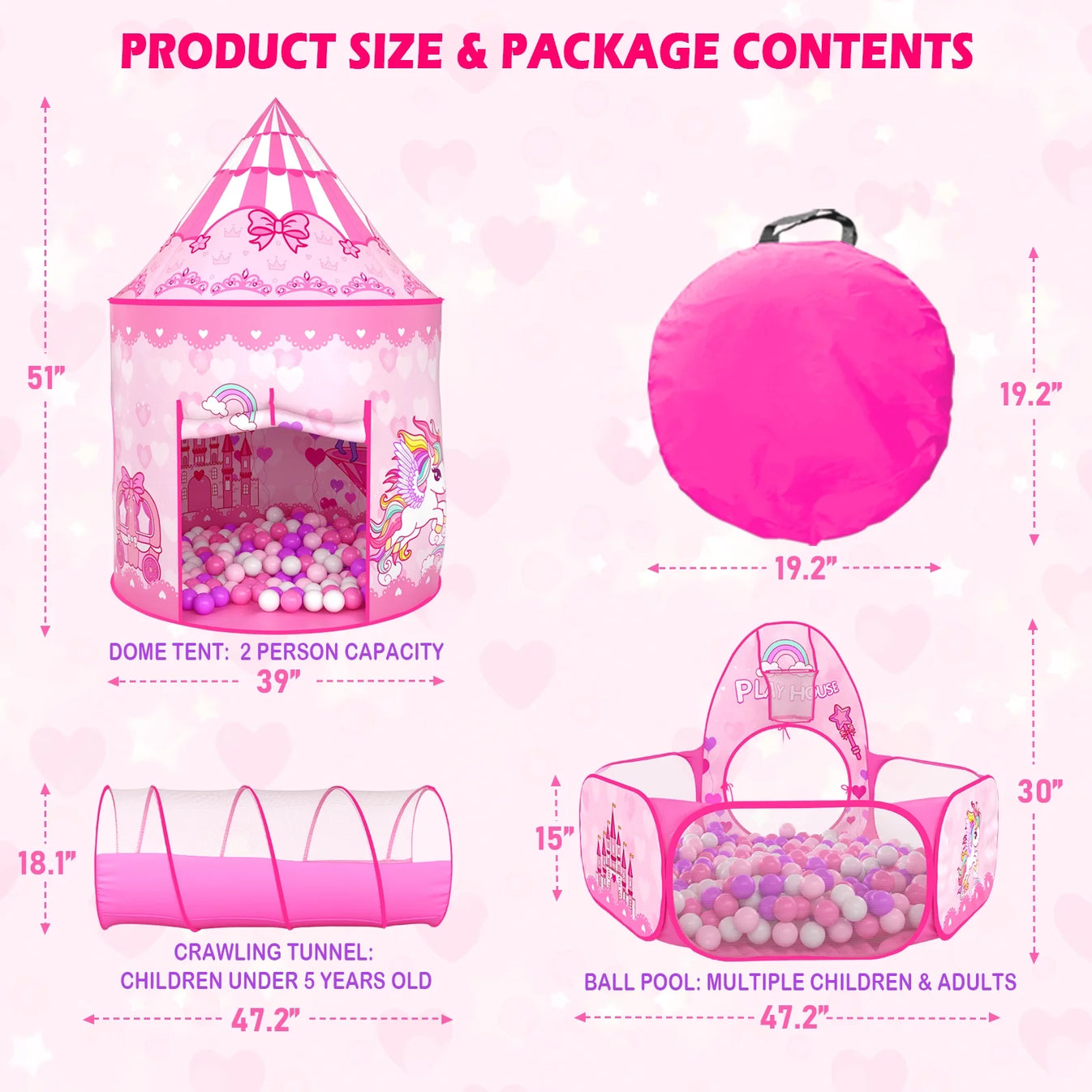 3PC Princess Play Tent, Tunnel & Pool for Girls Toddlers Playhouse Balls are Not Include.