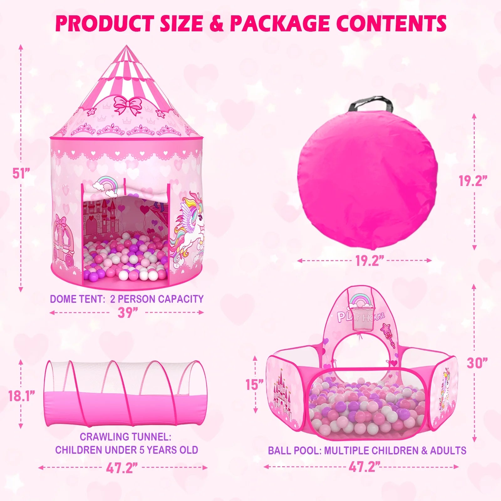 3PC Princess Play Tent, Tunnel & Pool for Girls Toddlers Playhouse Balls are Not Include.