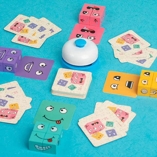 Wooden Expression Puzzle Blocks with Bell for Learning and Education - Colorful Emotion Building Cubes for Ages 3 and Up