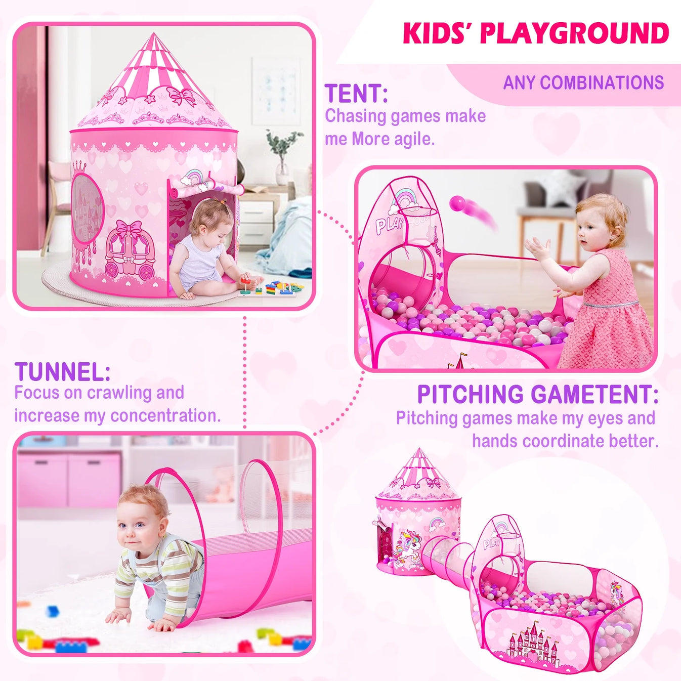 3PC Princess Play Tent, Tunnel & Pool for Girls Toddlers Playhouse Balls are Not Include.