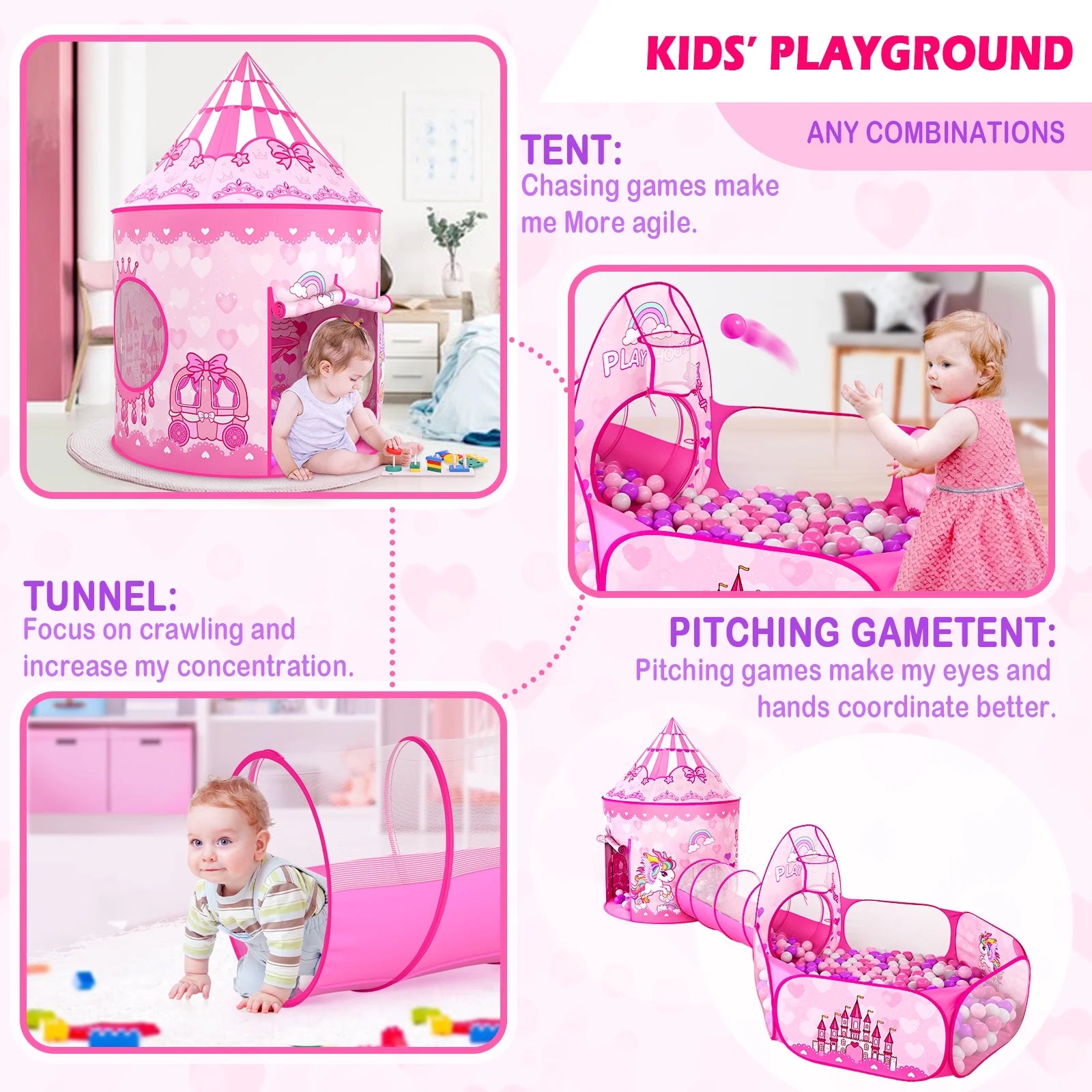 3PC Princess Play Tent, Tunnel & Pool for Girls Toddlers Playhouse Balls are Not Include.