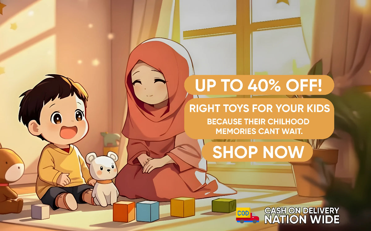 Cartoon of a woman and child with toys, promotional text overlay for toy sale.