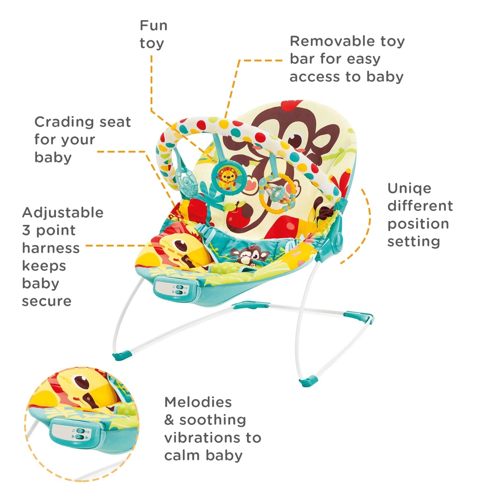 Colorful  Baby Bouncer with Toy Bar – Soft & Secure