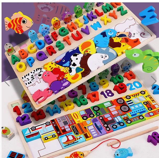 3-in-1 Wooden Montessori Puzzle Toy | Alphabet, Animals & Fishing Game