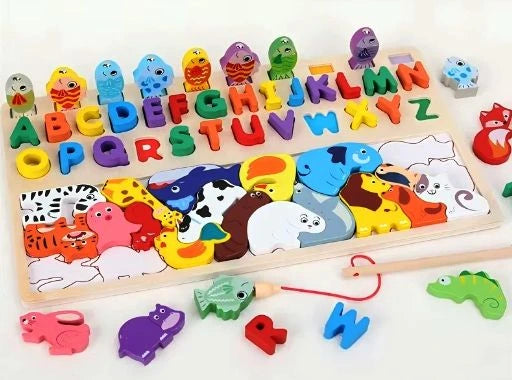 3-in-1 Wooden Montessori Puzzle Toy | Alphabet, Animals & Fishing Game