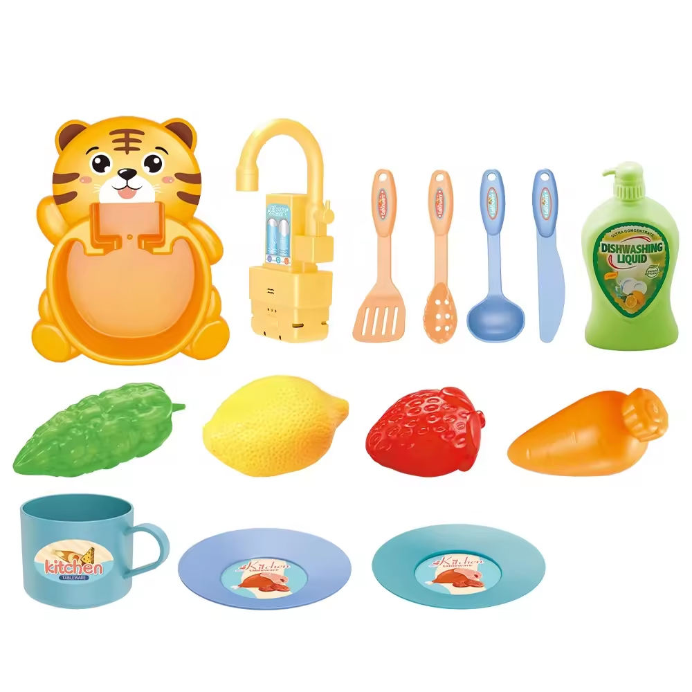 Electric Kitchen Sink Toy – 14-Piece  Playset with Water Circulation for Kids Tiger Design