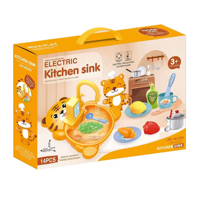 Electric Kitchen Sink Toy – 14-Piece  Playset with Water Circulation for Kids Tiger Design