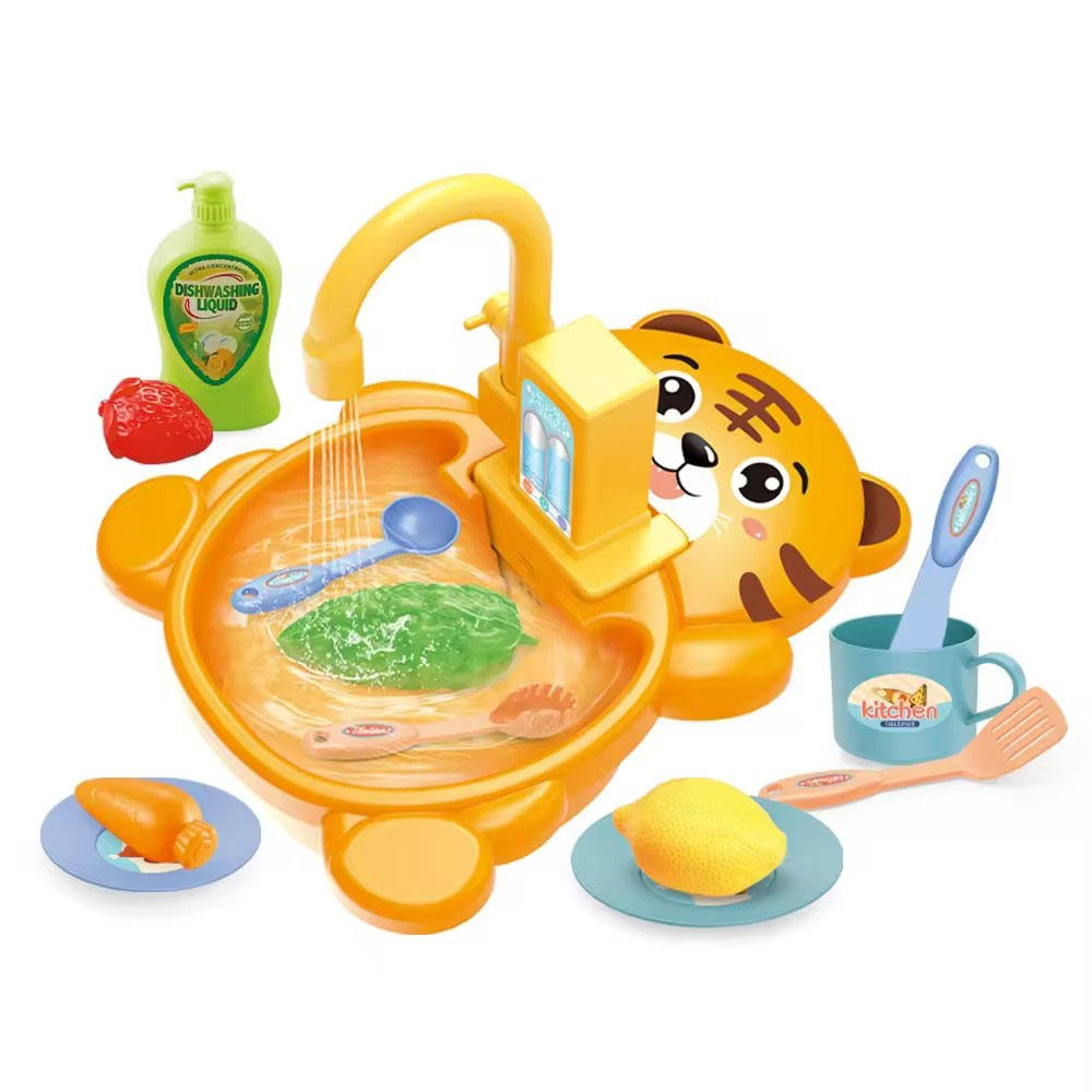 Electric Kitchen Sink Toy – 14-Piece  Playset with Water Circulation for Kids Tiger Design