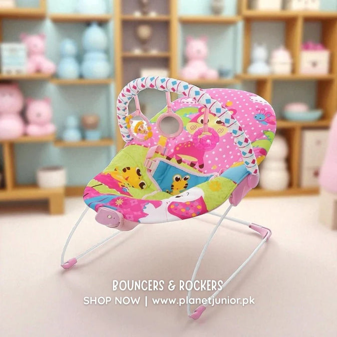 Colorful -Themed Baby Bouncer with Toy Bar – Soft & Secure
