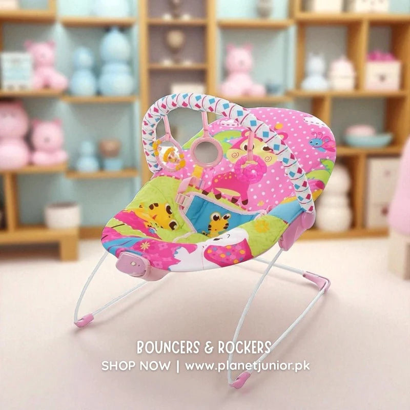 Colorful -Themed Baby Bouncer with Toy Bar – Soft & Secure