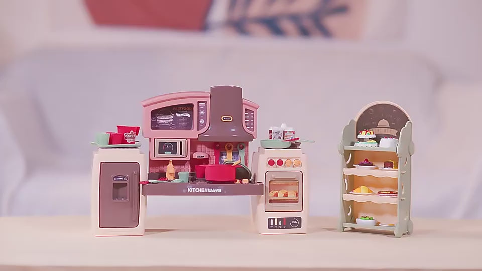 Kitchen Counter & Kitchenware Pretend Play Set – Interactive Toy Kitchen with Lights, Sound & Accessories (Fast Food Style)